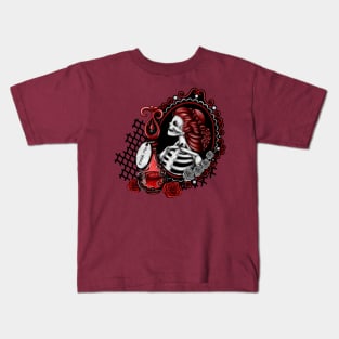 Red Skeleton Girl in Mirror Drink Me Bottle Red and White Roses Kids T-Shirt